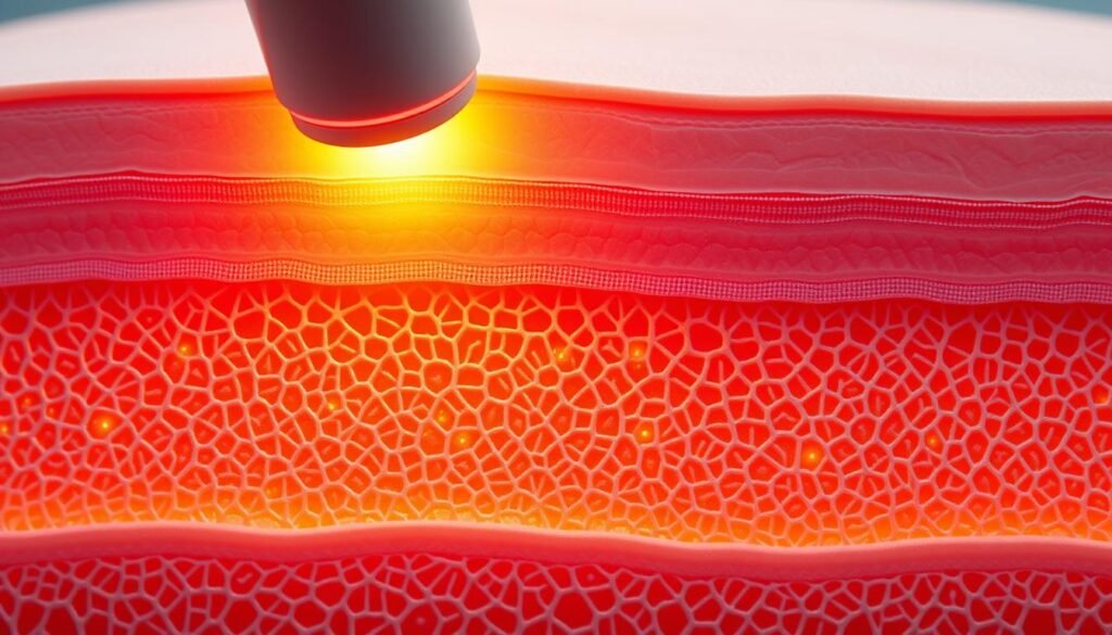 A detailed cross-section view of the skin's deep collagen layer, with the Glowin Beaute device gently applying heat to stimulate collagen production. The image should convey a soothing, therapeutic atmosphere, with a warm, glowing light emanating from the device. Capture the intricate structure of the collagen fibers as they are warmed and energized, hinting at the technology's ability to reduce pain and discomfort. Render the scene with a high degree of realism and scientific accuracy, using a clean, minimalist aesthetic to highlight the key elements. Ensure the focus remains on the targeted collagen layer and the Glowin Beaute device's effects, without distracting backgrounds or extraneous details.