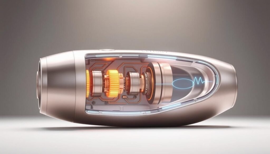 A detailed technical illustration showcasing the inner workings of the Glowin Beaute OligioX vibration interference technology. Depict a cross-section view of the device, highlighting the key components and mechanisms that generate the soothing vibrational waves. Render the device in a metallic tone with sleek, futuristic design elements. Illuminate the scene with soft, diffused lighting to convey a sense of precision and sophistication. Emphasize the complex circuitry and precision engineering that enables the vibration interference function to reduce pain and discomfort. Present the image from a slightly elevated, three-quarter angle to provide both an overview and detailed insights into the technology's inner workings.