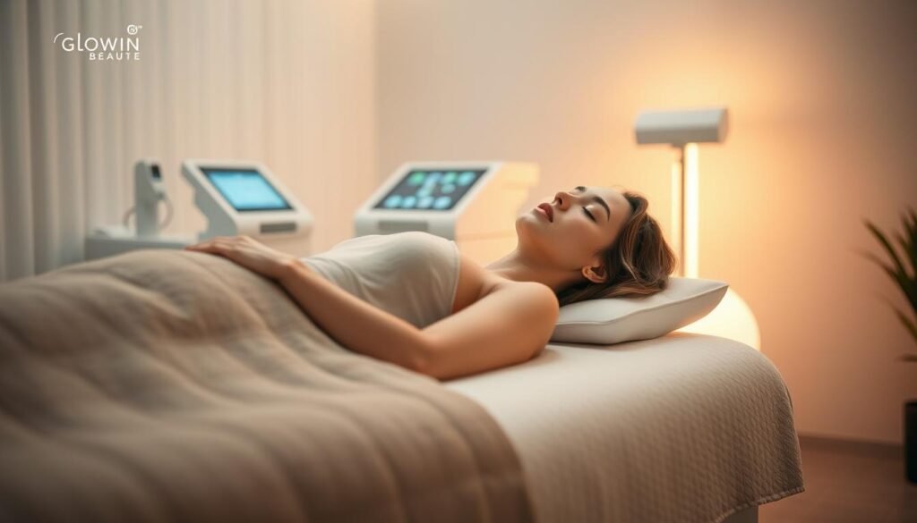 A serene and peaceful scene showcasing the "Oligio X 原美電波" treatment by Glowin Beaute. In the foreground, a woman reclines comfortably on a plush massage table, her eyes closed as she experiences the soothing, non-invasive treatment. The mid-ground features sleek, modern medical equipment, radiating a calming glow. The background is softly lit, with gentle lighting creating a tranquil atmosphere. The overall mood is one of relaxation, comfort, and the promise of rejuvenation through Glowin Beaute's innovative Oligio X 原美電波 technology. A serene and peaceful scene showcasing the "Oligio X 原美電波" treatment by Glowin Beaute. In the foreground, a woman reclines comfortably on a plush massage table, her eyes closed as she experiences the soothing, non-invasive treatment. The mid-ground features sleek, modern medical equipment, radiating a calming glow. The background is softly lit, with gentle lighting creating a tranquil atmosphere. The overall mood is one of relaxation, comfort, and the promise of rejuvenation through Glowin Beaute's innovative Oligio X 原美電波 technology.