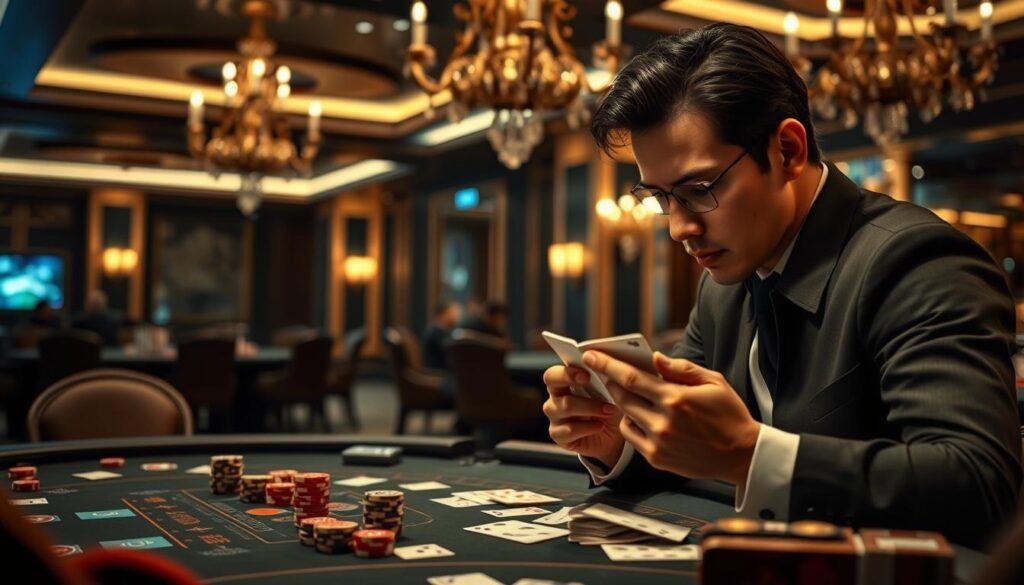 A strategic gameplay scene in a modern casino setting. The foreground features a player studying their cards intently, with a focused expression conveying deep contemplation. In the middle ground, a UHO88 gaming table is visible, with chips, cards, and dice meticulously arranged. The background depicts a dimly lit, luxurious casino interior, complete with elegant chandeliers, plush furnishings, and a sense of anticipation. The lighting is dramatic, creating a chiaroscuro effect that highlights the intensity of the gameplay. The overall mood is one of concentration, strategy, and the thrill of the high-stakes game. The scene captures the essence of the UHO88 casino experience and the depth of gameplay strategies. A strategic gameplay scene in a modern casino setting. The foreground features a player studying their cards intently, with a focused expression conveying deep contemplation. In the middle ground, a UHO88 gaming table is visible, with chips, cards, and dice meticulously arranged. The background depicts a dimly lit, luxurious casino interior, complete with elegant chandeliers, plush furnishings, and a sense of anticipation. The lighting is dramatic, creating a chiaroscuro effect that highlights the intensity of the gameplay. The overall mood is one of concentration, strategy, and the thrill of the high-stakes game. The scene captures the essence of the UHO88 casino experience and the depth of gameplay strategies.