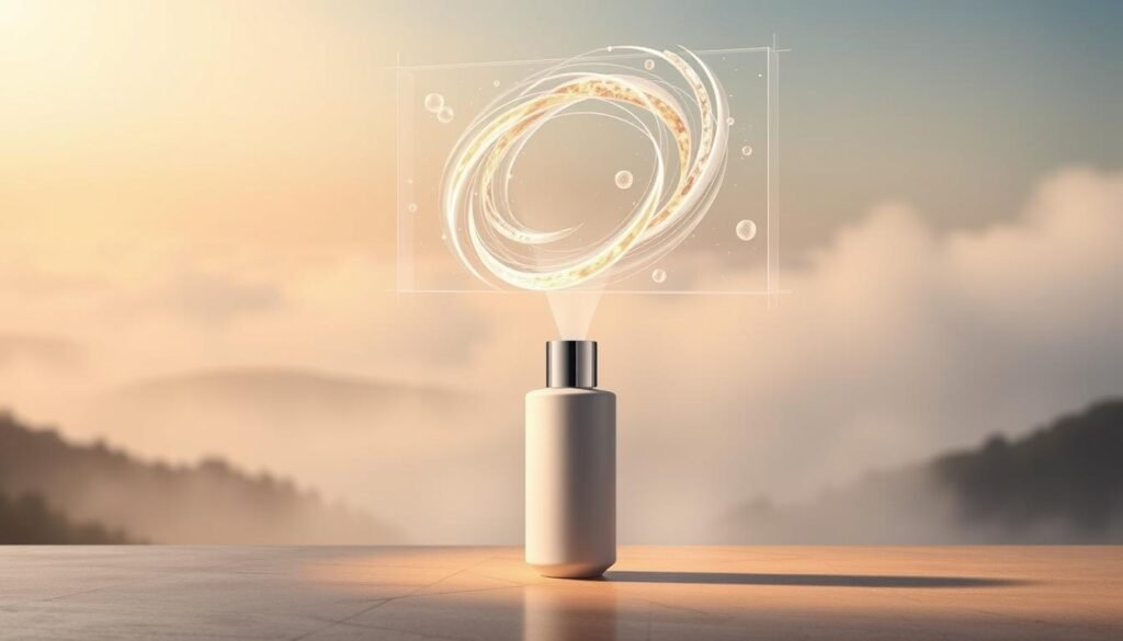 Oligio X 原美電波, a captivating skincare innovation by Glowin Beaute. In the foreground, a sleek, minimalist bottle stands, its clean lines and soft, pearlescent sheen reflecting the ambiance. Hovering above, a holographic projection showcases the product's key features - a swirling, luminous display of rejuvenating ingredients and advanced technology. The background is a serene, mist-shrouded landscape, bathed in a warm, diffused glow that evokes a sense of tranquility and well-being. The overall composition conveys the product's unique blend of science and nature, offering a glimpse into the transformative power of Oligio X 原美電波. Oligio X 原美電波, a captivating skincare innovation by Glowin Beaute. In the foreground, a sleek, minimalist bottle stands, its clean lines and soft, pearlescent sheen reflecting the ambiance. Hovering above, a holographic projection showcases the product's key features - a swirling, luminous display of rejuvenating ingredients and advanced technology. The background is a serene, mist-shrouded landscape, bathed in a warm, diffused glow that evokes a sense of tranquility and well-being. The overall composition conveys the product's unique blend of science and nature, offering a glimpse into the transformative power of Oligio X 原美電波.