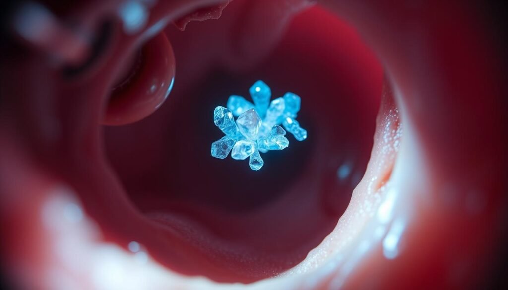 A brightly lit, close-up view of a human inner ear, captured through a medical endoscope. The camera focuses on the otoconia, the tiny calcium carbonate crystals that make up the otolith, or "ear stones". The otoconia are shown in vivid detail, their intricate crystalline structures refracting the light. In the background, a blurred glimpse of the surrounding inner ear anatomy, suggesting the context of this medical procedure. The overall mood is one of clinical precision and scientific inquiry, appropriate for illustrating a section on the technical aspects of "otolith repositioning" treatment for vertigo.