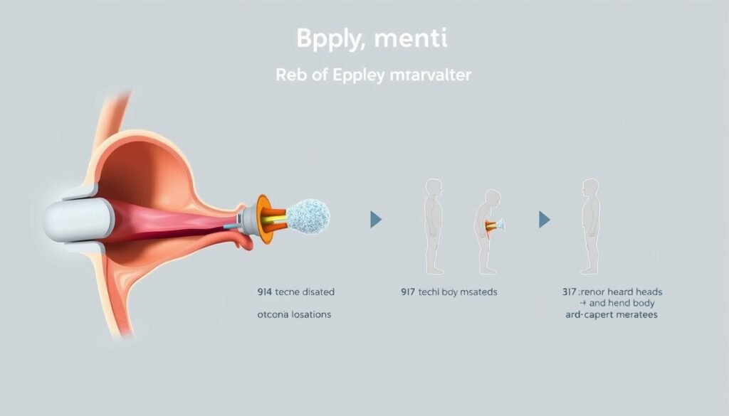 A detailed medical illustration depicting a step-by-step diagram of the Epley maneuver for the treatment of benign paroxysmal positional vertigo (BPPV). The image shows a cross-section of the inner ear, with the otoconia (ear crystals) shown in their displaced position and the subsequent repositioning through the series of head and body movements that comprise the Epley maneuver. The illustration features a clean, technical aesthetic with precise anatomical details rendered in a neutral color palette, conveying the clinical and informative nature of the content. The lighting is soft and directional, highlighting the three-dimensional form of the inner ear structures. The overall composition is balanced and centered, drawing the viewer's attention to the key steps of the treatment procedure.