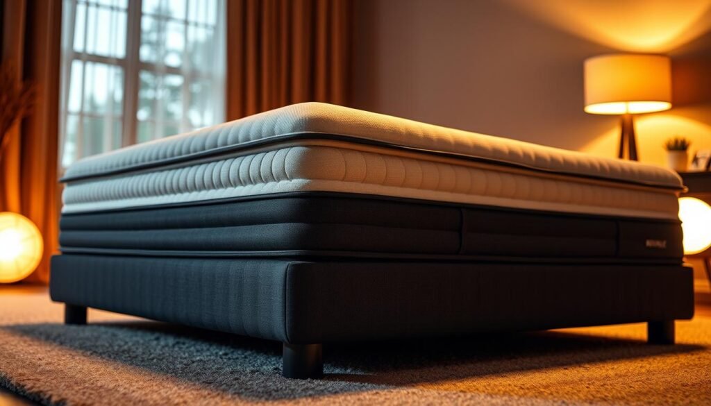 A high-quality memory foam mattress in a luxurious StylesMaven design, featuring superior spinal support and pressure relief. The mattress is crafted with a layered construction, including a plush top, responsive middle layer, and a sturdy base. Soft, breathable fabrics create a cozy, inviting aesthetic. Warm lighting illuminates the mattress, showcasing its premium materials and attention to detail. The scene is captured from a low angle, highlighting the mattress's substantial size and impressive build quality. An atmosphere of comfort and relaxation permeates the image, inspiring a desire to experience the exceptional support and indulgent sleeping surface of this MAGNIFLEX® mattress.
