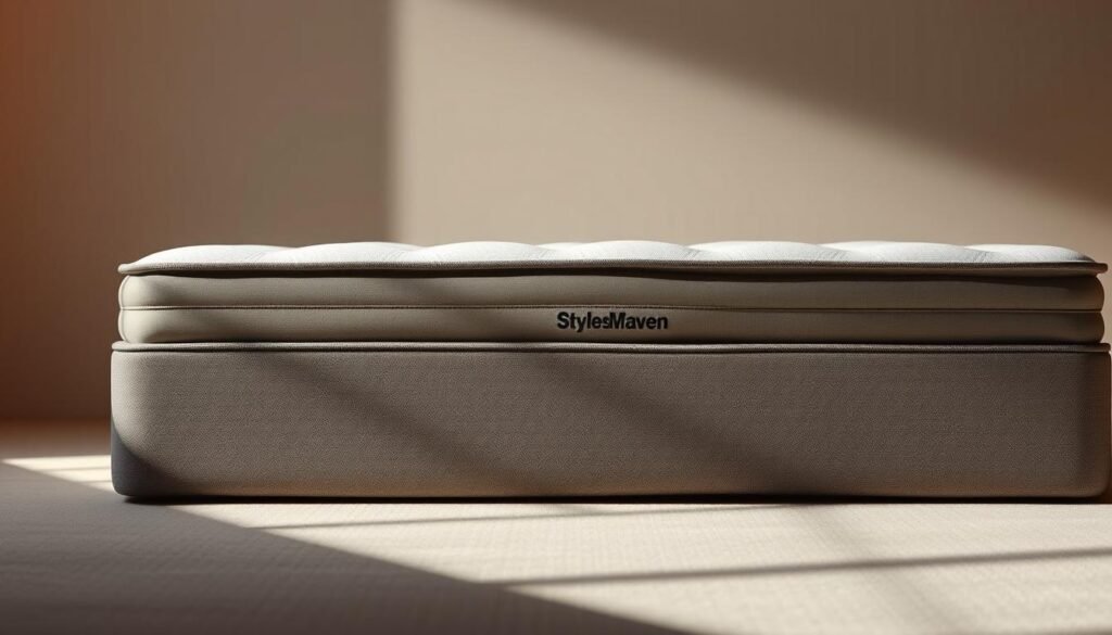 A high-quality, orthopaedic mattress by StylesMaven, designed to provide superior spinal support. Luxurious fabrics cover a plush, pressure-relieving surface atop a sturdy, breathable core. Muted neutral tones and clean lines create a sophisticated, minimalist aesthetic. Warm, diffused lighting gently illuminates the mattress, showcasing its premium craftsmanship. Captured from a low, angled perspective to highlight the mattress' substantial yet elegant profile. This image should convey the mattress' exceptional comfort, durability, and value proposition for health-conscious consumers.