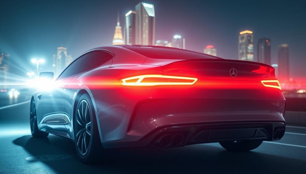 A sleek and innovative Aloha LED car lighting system, seamlessly integrated into the vehicle's design. The headlights emit a bright, precise beam, illuminating the road ahead with a crisp, modern glow. In the middle ground, the taillights and turn signals pulse with a dynamic, mesmerizing rhythm, enhancing the car's aerodynamic silhouette. The background features a futuristic cityscape, reflecting the cutting-edge technology of the Aloha LED lighting solution. The scene evokes a sense of progress, efficiency, and the automotive industry's embrace of advanced, eco-friendly lighting innovations.