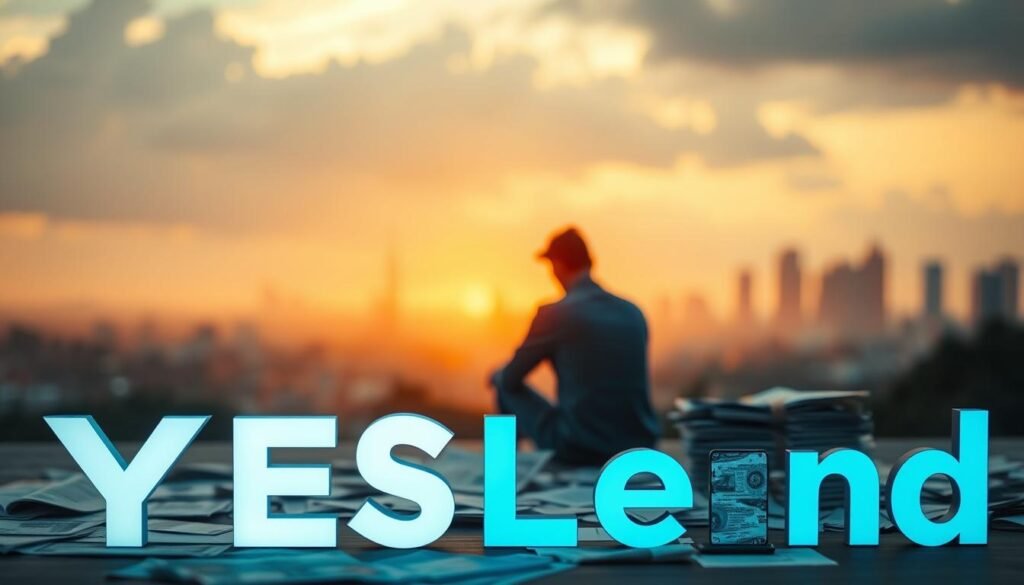 A tranquil financial landscape, with a striking YESLend logo prominently displayed in the foreground, cast in a soft, warm light. In the middle ground, a person sits contemplatively, surrounded by stacks of bills and financial documents, conveying the challenges and nuances of personal finance. The background features a blurred cityscape, hinting at the broader economic context. The scene exudes a sense of thoughtfulness and introspection, reflecting the "borrowing and financial management insights" theme.