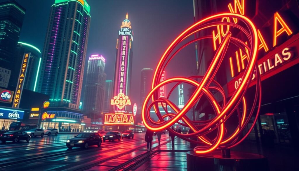 A vibrant neon cityscape, with towering skyscrapers cast in a kaleidoscopic glow. Aloha signs flicker and pulse, their radiant colors reflecting off slick, rain-dampened streets. In the foreground, a mesmerizing neon sculpture twists and writhes, its abstract forms captivating the viewer. Subdued ambient lighting illuminates the scene, creating a moody, atmospheric ambiance. The composition emphasizes the interplay of light, shadow, and form, highlighting the artistic potential of neon as a medium. This scene showcases the enduring allure and evolving artistic value of neon lights in public spaces.