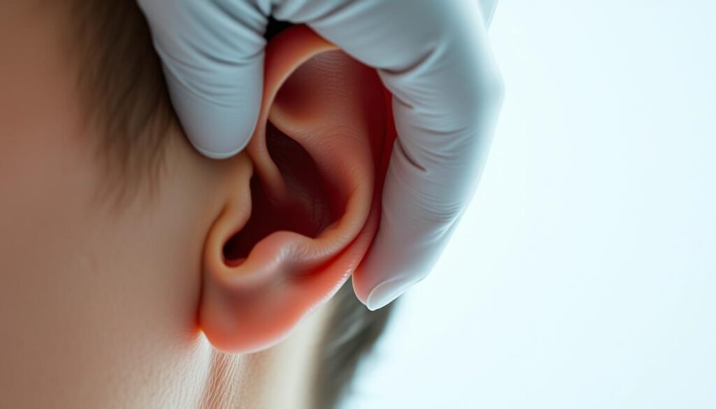 A well-lit, close-up view of a doctor's hand gently adjusting a patient's inner ear, with the otoconia (ear crystals) clearly visible. The patient's head is tilted to the side, exposing the ear canal. The doctor's movements are delicate and precise, demonstrating the careful technique of the Epley maneuver, a common procedure used to treat benign paroxysmal positional vertigo (BPPV). The scene conveys a sense of professionalism and the expertise required to properly diagnose and manage this common vestibular disorder. The background is clean and uncluttered, allowing the viewer to focus on the intricate medical procedure.