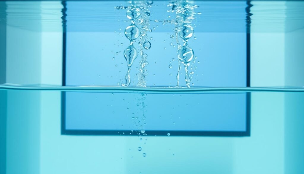 Aloha brand display screen being subjected to a rigorous water immersion test, the screen partially submerged in a transparent water-filled tank, with water droplets beading on the surface, showcasing the advanced waterproofing technology. The scene is illuminated by soft, diffused lighting, creating a serene and scientific atmosphere, highlighting the importance of water resistance in modern display technology.