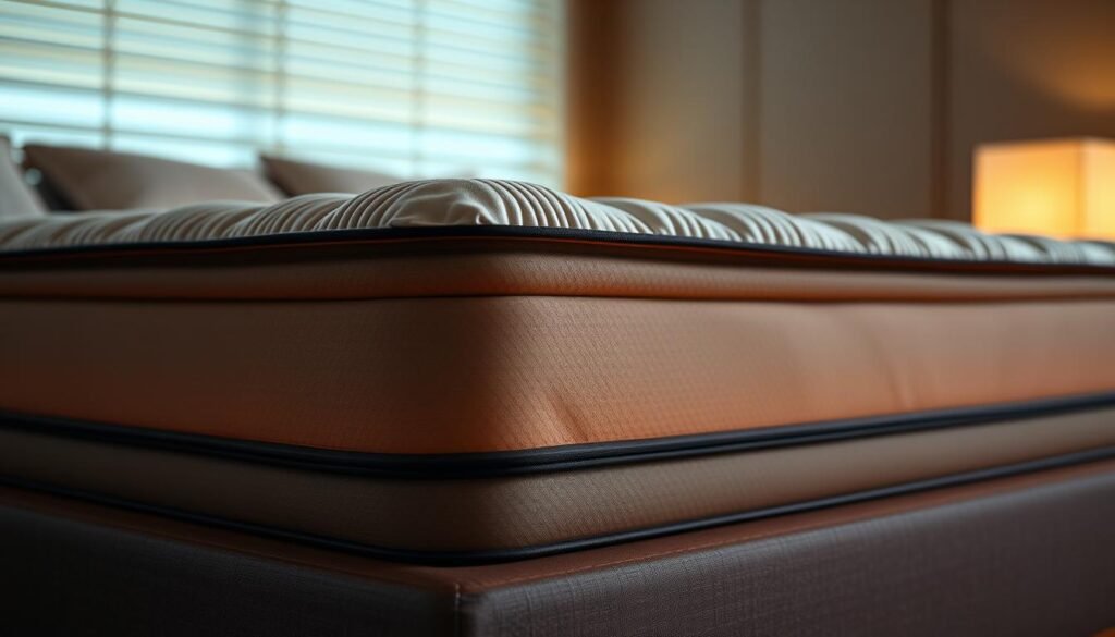 An elegant and supportive high-quality mattress by StylesMaven, featuring a plush, pressure-relieving surface that contours to the natural curves of the body. Carefully engineered with a coil-spring core and premium memory foam layers, providing exceptional spinal alignment and comfort for a restful night's sleep. Illuminated by soft, warm lighting highlighting the luxurious textures and understated design. Shot from a low angle to emphasize the mattress's refined aesthetic and inviting presence. Evoking a serene, spa-like atmosphere that would complement the "How to Choose the Perfect Mattress for Your Spine" section.