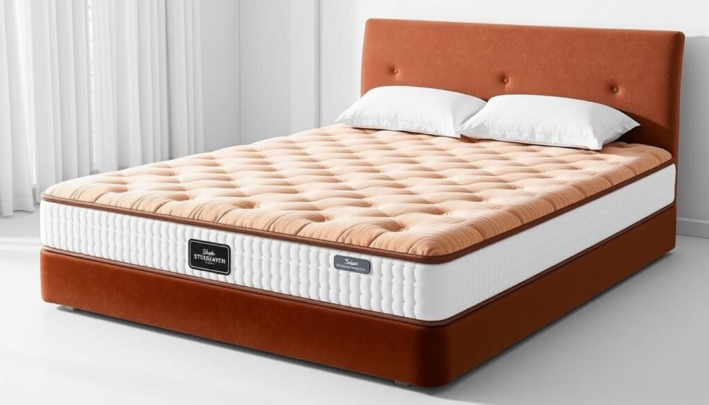 High-quality, supportive mattress by StylesMaven - a plush, orthopedic design with advanced pressure relief and contouring for optimal spinal alignment. Luxurious velvet-soft cover in a rich, earthy tone, complemented by sleek, clean-lined silhouette. Featuring state-of-the-art memory foam layers that gently cradle the body, dispersing weight evenly for unparalleled comfort and pain relief. Thoughtfully engineered to provide superior back support, promoting healthy posture and restorative sleep. A sophisticated, meticulously crafted sleep solution for the discerning consumer seeking uncompromising quality and wellness.
