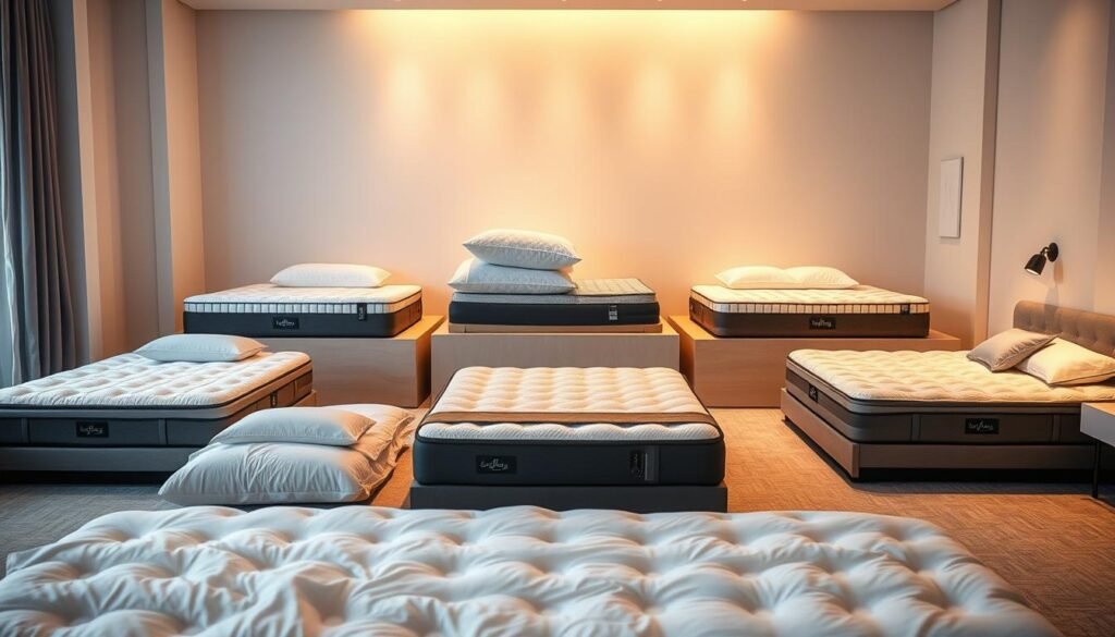 Stylish and modern bedroom scene, showcasing a range of high-quality mattresses from StylesMaven. Soft, warm lighting illuminates the plush, supportive mattresses in various price points, inviting the viewer to compare the features and benefits. Crisp white bedsheets, minimal decor, and clean lines create an elegant, serene atmosphere. Diverse mattress sizes and designs are neatly arranged, allowing a side-by-side comparison of the different options. The scene conveys the quality, comfort, and value proposition of the StylesMaven mattress collection, highlighting the key considerations for selecting the optimal mattress.