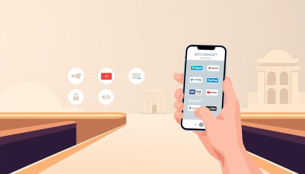 A clean, minimalist illustration depicting the key steps of the withdrawal process at the UTown online casino. In the foreground, a hand holds a smartphone, navigating a sleek mobile app interface. The middle ground showcases various payment method icons, representing the diversity of withdrawal options. In the background, a subtle UTown logo and architectural elements suggest a sense of security and trust. The overall scene conveys a smooth, efficient, and user-friendly withdrawal experience.
