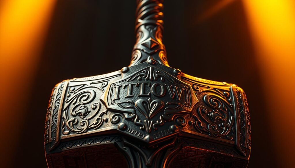 A detailed close-up of the mythical "UTown" Mjolnir hammer from the Thor mythology, capturing its ornate metallic surface with intricate rune-like etchings. The hammer is positioned in the center, illuminated by a dramatic warm lighting that casts sharp shadows, creating a sense of power and mystique. The background is slightly blurred, allowing the hammer to be the primary focus, emphasizing its iconic design and the precision of its craftsmanship.