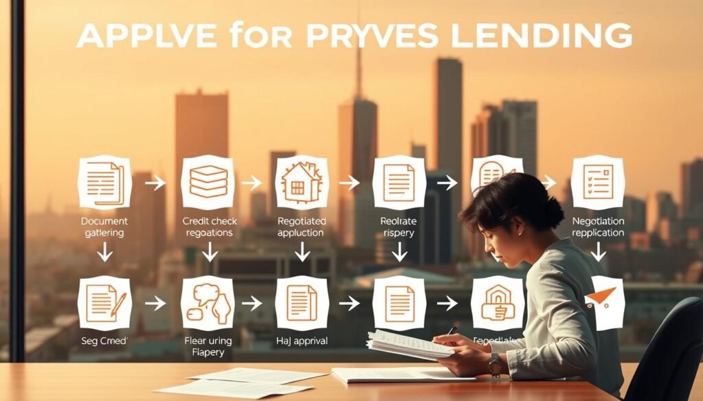 A detailed illustration of the step-by-step process for applying for private lending. In the foreground, a person sitting at a desk, reviewing documents and filling out application forms. In the middle ground, a series of icons representing the different stages of the application process - document gathering, credit check, negotiation, final approval. In the background, a warm-toned cityscape with tall buildings, suggesting the urban financial landscape. The lighting is soft and diffused, creating a professional, yet approachable atmosphere. The composition is balanced, with a clean, minimalist aesthetic to emphasize the informational nature of the image. A detailed illustration of the step-by-step process for applying for private lending. In the foreground, a person sitting at a desk, reviewing documents and filling out application forms. In the middle ground, a series of icons representing the different stages of the application process - document gathering, credit check, negotiation, final approval. In the background, a warm-toned cityscape with tall buildings, suggesting the urban financial landscape. The lighting is soft and diffused, creating a professional, yet approachable atmosphere. The composition is balanced, with a clean, minimalist aesthetic to emphasize the informational nature of the image.