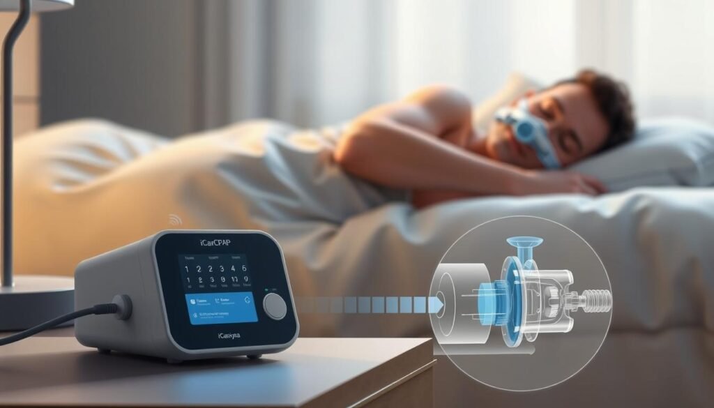 A detailed medical illustration depicting the proper usage techniques for a sleep apnea CPAP machine. The foreground showcases an iCareCPAP device resting on a bedside table, with a sleeping figure wearing the mask and connected tubing. The middle ground highlights the air flow mechanism, illustrating how the machine generates and delivers the necessary air pressure. The background depicts a serene bedroom setting, with soft lighting and muted colors to convey a sense of relaxation and comfort. The overall composition emphasizes the ease and effectiveness of using the CPAP device, providing a clear visual guide for patients seeking to optimize their sleep apnea treatment. A detailed medical illustration depicting the proper usage techniques for a sleep apnea CPAP machine. The foreground showcases an iCareCPAP device resting on a bedside table, with a sleeping figure wearing the mask and connected tubing. The middle ground highlights the air flow mechanism, illustrating how the machine generates and delivers the necessary air pressure. The background depicts a serene bedroom setting, with soft lighting and muted colors to convey a sense of relaxation and comfort. The overall composition emphasizes the ease and effectiveness of using the CPAP device, providing a clear visual guide for patients seeking to optimize their sleep apnea treatment.