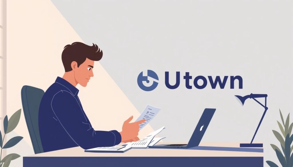 A modern and minimalist illustration depicting a person solving a financial problem. The scene shows a person sitting at a desk, examining documents and using a laptop to research and find a solution. The UTown logo is prominently displayed in the background, emphasizing the brand's role in providing helpful financial services. The lighting is soft and warm, creating a calming and professional atmosphere. The composition is balanced, with the person and their task taking center stage, surrounded by a clean and uncluttered environment. A modern and minimalist illustration depicting a person solving a financial problem. The scene shows a person sitting at a desk, examining documents and using a laptop to research and find a solution. The UTown logo is prominently displayed in the background, emphasizing the brand's role in providing helpful financial services. The lighting is soft and warm, creating a calming and professional atmosphere. The composition is balanced, with the person and their task taking center stage, surrounded by a clean and uncluttered environment.