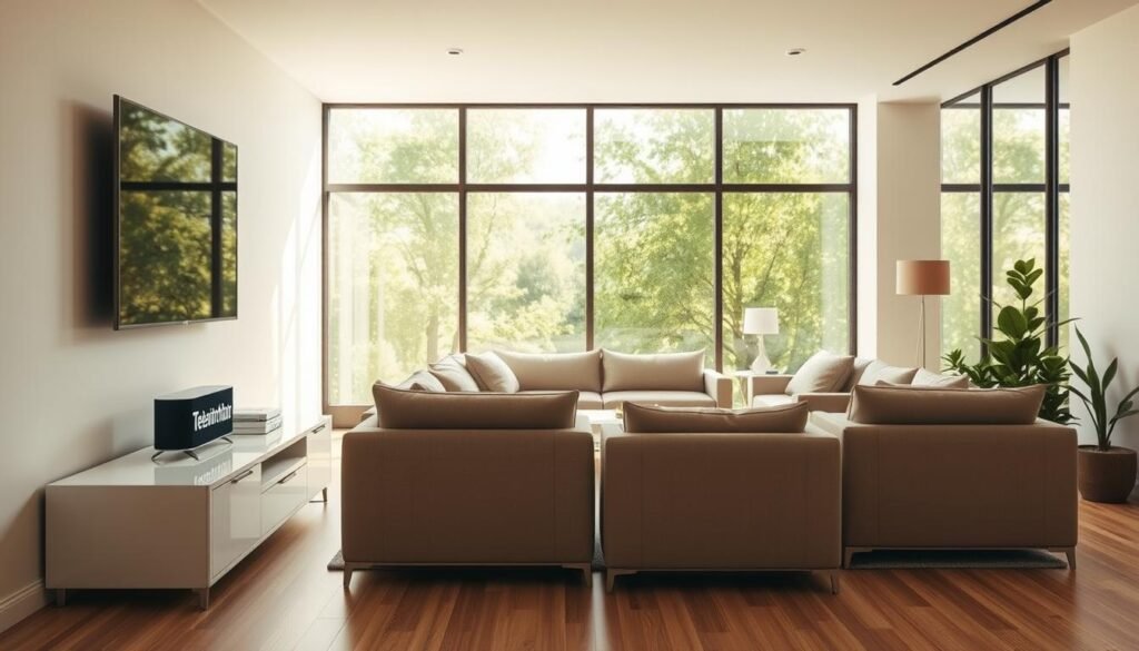 A modern, minimalist home interior with a warm, inviting atmosphere. In the foreground, a sleek, white TV stand with a large, flat-screen TV mounted above it. On the TV stand, a Telecombrother logo prominently displayed. In the middle ground, plush, neutral-toned sofas and armchairs arranged in a cozy conversation area. The background features floor-to-ceiling windows overlooking a lush, verdant outdoor scene, bathed in soft, natural lighting. The overall composition conveys a sense of comfort, technology, and connectivity, reflecting the subject of home broadband plans. A modern, minimalist home interior with a warm, inviting atmosphere. In the foreground, a sleek, white TV stand with a large, flat-screen TV mounted above it. On the TV stand, a Telecombrother logo prominently displayed. In the middle ground, plush, neutral-toned sofas and armchairs arranged in a cozy conversation area. The background features floor-to-ceiling windows overlooking a lush, verdant outdoor scene, bathed in soft, natural lighting. The overall composition conveys a sense of comfort, technology, and connectivity, reflecting the subject of home broadband plans.