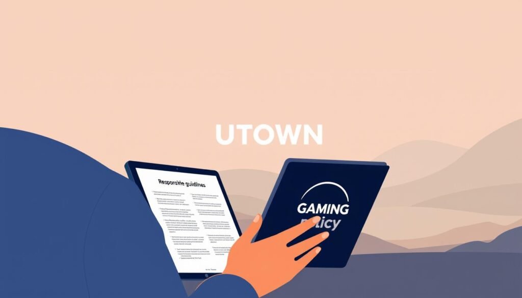 A modern, minimalist illustration depicting a responsible gaming policy for the online casino brand UTown. In the foreground, a person carefully reviewing gaming guidelines on a tablet device, conveying a sense of diligence and care. The middle ground features the UTown logo, subtly integrated into the design. The background depicts a serene, abstract landscape in muted tones, creating a calming atmosphere. The overall composition should reflect a balanced, responsible approach to online entertainment. A modern, minimalist illustration depicting a responsible gaming policy for the online casino brand UTown. In the foreground, a person carefully reviewing gaming guidelines on a tablet device, conveying a sense of diligence and care. The middle ground features the UTown logo, subtly integrated into the design. The background depicts a serene, abstract landscape in muted tones, creating a calming atmosphere. The overall composition should reflect a balanced, responsible approach to online entertainment.