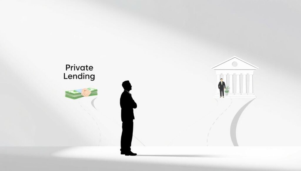 A modern, minimalist illustration showcasing the key differences between private lending and bank loans. In the foreground, a stylized silhouette of a person considering loan options, with two distinct paths diverging behind them - one labeled "Private Lending" and the other "Bank Loan". The "Private Lending" path features a stack of cash and a handshake, while the "Bank Loan" path depicts a formal office setting with a bank logo. The middle ground is a clean, neutral backdrop, allowing the contrast between the two lending options to take center stage. The lighting is soft and directional, creating depth and highlighting the conceptual separation. The overall mood is one of thoughtful decision-making, with a focus on the key differences in the lending landscape. A modern, minimalist illustration showcasing the key differences between private lending and bank loans. In the foreground, a stylized silhouette of a person considering loan options, with two distinct paths diverging behind them - one labeled "Private Lending" and the other "Bank Loan". The "Private Lending" path features a stack of cash and a handshake, while the "Bank Loan" path depicts a formal office setting with a bank logo. The middle ground is a clean, neutral backdrop, allowing the contrast between the two lending options to take center stage. The lighting is soft and directional, creating depth and highlighting the conceptual separation. The overall mood is one of thoughtful decision-making, with a focus on the key differences in the lending landscape.