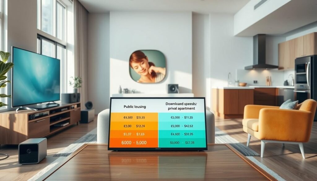 A modern, minimalist interior with a large TV display and various electronic devices, showcasing the Telecombrother home broadband service. The space is well-lit, with natural light streaming in through large windows. In the foreground, a coffee table displays a side-by-side comparison of broadband pricing and download speeds for public housing and private apartments. The middle ground features a comfortable sofa and armchair, creating a cozy living area. The background depicts a sleek, contemporary kitchen with high-end appliances, hinting at the versatility of the Telecombrother broadband package. The overall atmosphere conveys a sense of efficiency, connectivity, and the value proposition of the service. A modern, minimalist interior with a large TV display and various electronic devices, showcasing the Telecombrother home broadband service. The space is well-lit, with natural light streaming in through large windows. In the foreground, a coffee table displays a side-by-side comparison of broadband pricing and download speeds for public housing and private apartments. The middle ground features a comfortable sofa and armchair, creating a cozy living area. The background depicts a sleek, contemporary kitchen with high-end appliances, hinting at the versatility of the Telecombrother broadband package. The overall atmosphere conveys a sense of efficiency, connectivity, and the value proposition of the service.