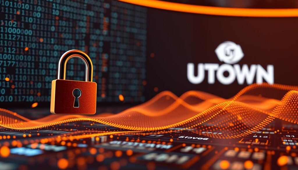 A secure and encrypted online casino technology landscape. In the foreground, a padlock icon symbolizes the robust data protection measures. In the middle ground, a series of binary code streams and cryptographic symbols cascade, hinting at the advanced security protocols in place. The background features the UTown brand logo, subtly integrated, conveying the company's commitment to safeguarding user information. Warm lighting creates a sense of trust and reliability, while a slight depth of field emphasizes the technical details. The overall atmosphere exudes a sense of digital safety and confidentiality. A secure and encrypted online casino technology landscape. In the foreground, a padlock icon symbolizes the robust data protection measures. In the middle ground, a series of binary code streams and cryptographic symbols cascade, hinting at the advanced security protocols in place. The background features the UTown brand logo, subtly integrated, conveying the company's commitment to safeguarding user information. Warm lighting creates a sense of trust and reliability, while a slight depth of field emphasizes the technical details. The overall atmosphere exudes a sense of digital safety and confidentiality.