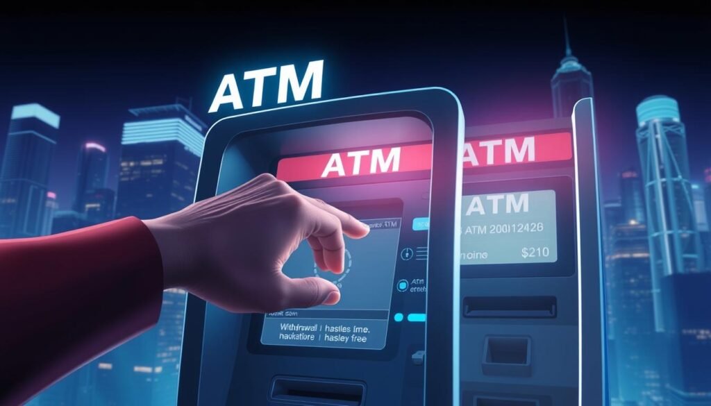 A stylized illustration of the ATM withdrawal process, featuring a foreground of a human hand interacting with a sleek, futuristic-looking UTown ATM machine. The background depicts a modern, urban cityscape with tall skyscrapers and a vibrant, neon-lit nightscape. The lighting is dramatic, with cool tones and high contrast, evoking a sense of efficiency and technological sophistication. The composition emphasizes the ATM interface, with clear visual cues about withdrawal time and limits. The overall mood is one of a seamless, hassle-free banking experience.
