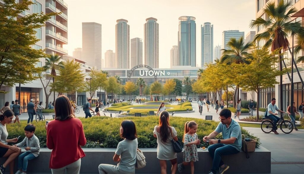 A vibrant cityscape featuring the UTown brand, showcasing people of all ages safely enjoying various leisure activities in a well-designed, modern urban environment. The foreground depicts families and friends playing interactive games, using smart devices, and engaging in physical activities like cycling and jogging. The middle ground features lush greenery, public spaces, and thoughtfully-placed street furniture, promoting a sense of community and well-being. The background skyline includes sleek, eco-friendly high-rise buildings, creating a balanced and visually appealing scene. The lighting is warm and natural, with a calming, inviting atmosphere that encourages responsible, fulfilling recreation.