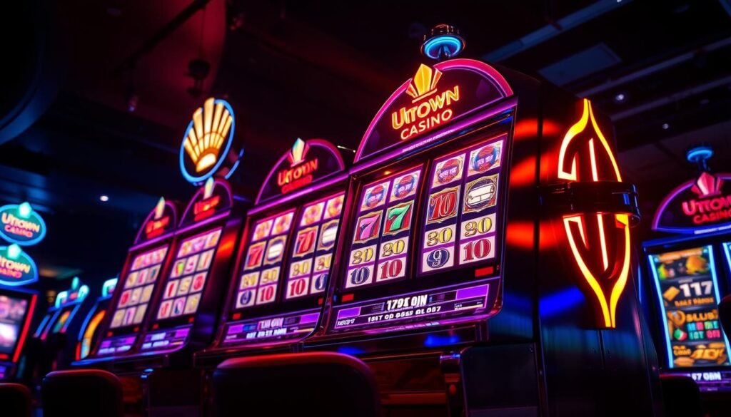 A vibrant, intricately designed UTown casino slot machine, its reels spinning and glowing against a dark, moody backdrop. The machine's metallic chassis gleams under dramatic lighting, casting dynamic shadows that accentuate its sleek, modern form. The game screen displays a mesmerizing pattern of symbols, hinting at the potential for lucrative free spins and bonus rounds. The overall atmosphere evokes a sense of anticipation and excitement, drawing the viewer into the allure of the cg electronic slot machine experience.