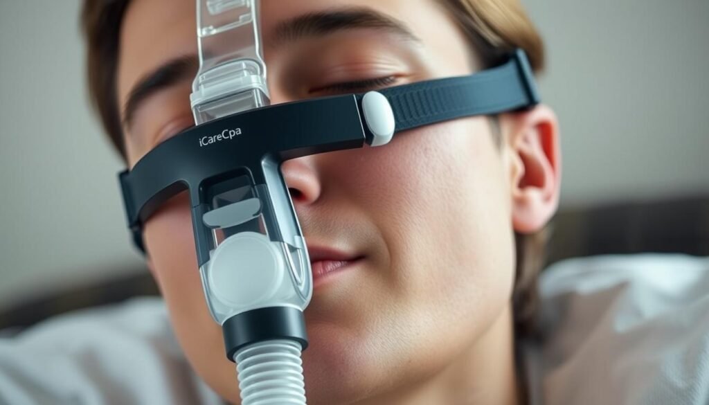 A well-lit, high-resolution close-up image of a person's face wearing a sleek, modern iCareCPAP sleep apnea mask. The mask fits snugly and comfortably, with soft silicone cushions and adjustable straps. The person's expression is calm and relaxed, as they breathe steadily and naturally through the mask. The background is blurred, drawing the viewer's focus to the technical details of the mask and the proper usage technique. Soft, diffused lighting creates a soothing, clinical atmosphere, highlighting the mask's design and the user's ease of breathing. The overall scene conveys the simplicity and effectiveness of using an iCareCPAP sleep apnea device. A well-lit, high-resolution close-up image of a person's face wearing a sleek, modern iCareCPAP sleep apnea mask. The mask fits snugly and comfortably, with soft silicone cushions and adjustable straps. The person's expression is calm and relaxed, as they breathe steadily and naturally through the mask. The background is blurred, drawing the viewer's focus to the technical details of the mask and the proper usage technique. Soft, diffused lighting creates a soothing, clinical atmosphere, highlighting the mask's design and the user's ease of breathing. The overall scene conveys the simplicity and effectiveness of using an iCareCPAP sleep apnea device.