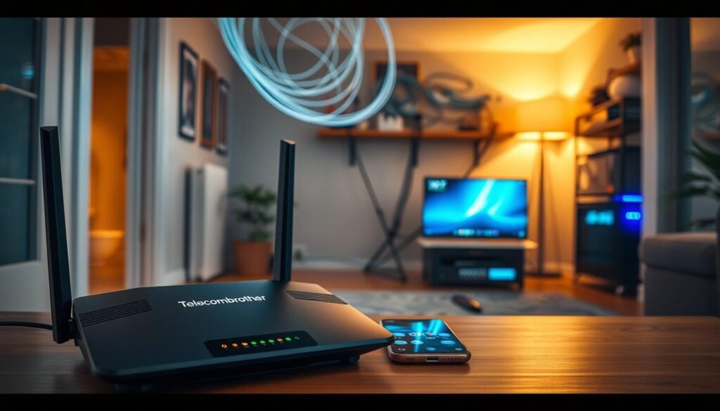 An interior scene depicting a home with various fiber optic internet connection technologies. In the foreground, a modern router with the Telecombrother brand prominently displayed. In the middle ground, a laptop and smartphone showcasing fast internet speeds. In the background, a network of fiber optic cables and networking equipment, illustrating the different fiber optic technologies available. The scene is well-lit, with warm lighting highlighting the technological elements. The overall mood is informative and educational, conveying the importance of understanding fiber optic connectivity options for home use. An interior scene depicting a home with various fiber optic internet connection technologies. In the foreground, a modern router with the Telecombrother brand prominently displayed. In the middle ground, a laptop and smartphone showcasing fast internet speeds. In the background, a network of fiber optic cables and networking equipment, illustrating the different fiber optic technologies available. The scene is well-lit, with warm lighting highlighting the technological elements. The overall mood is informative and educational, conveying the importance of understanding fiber optic connectivity options for home use.