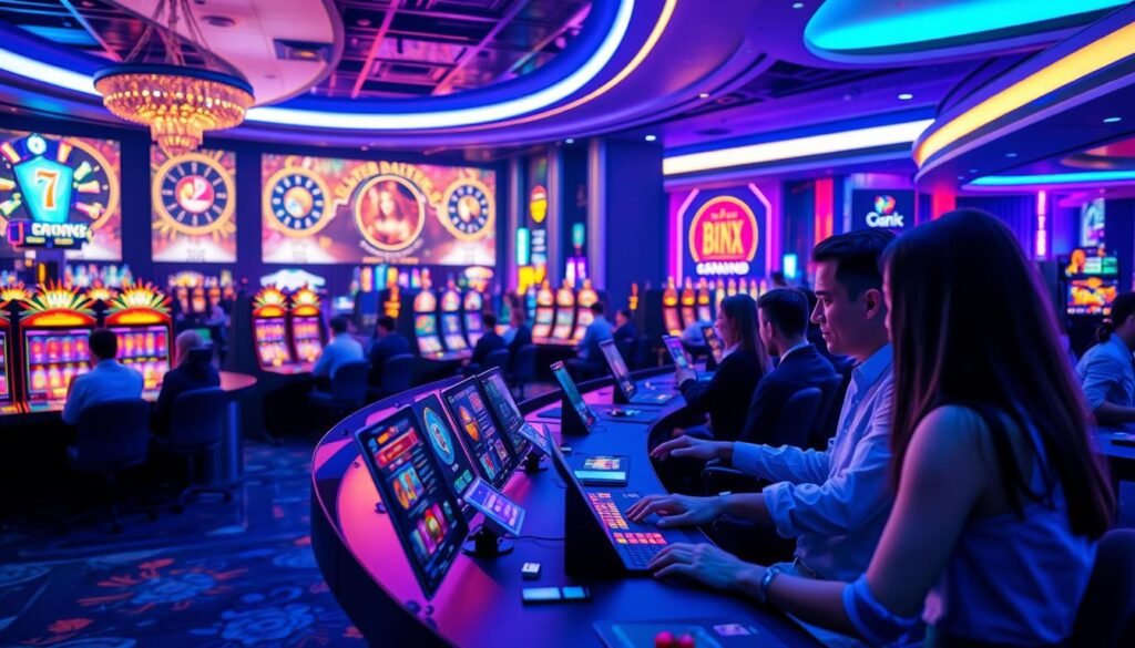 Generate an image of a vibrant online casino with various games and live dealers.