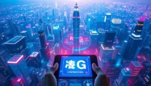 Telecombrother 5G Plan featuring a vast, sprawling data network. Set against a vibrant, futuristic cityscape, with gleaming skyscrapers and pulsing neon lights. In the foreground, a central device or smartphone, its screen showcasing a visual representation of the plan's &amp;quot;無限數據&amp;quot; (unlimited data) capability. Surrounding the device, dynamic data visualizations and glowing 5G icons, conveying the plan's advanced technological prowess. The overall scene should emanate a sense of innovation, connectivity, and the boundless potential of the 5G era.
