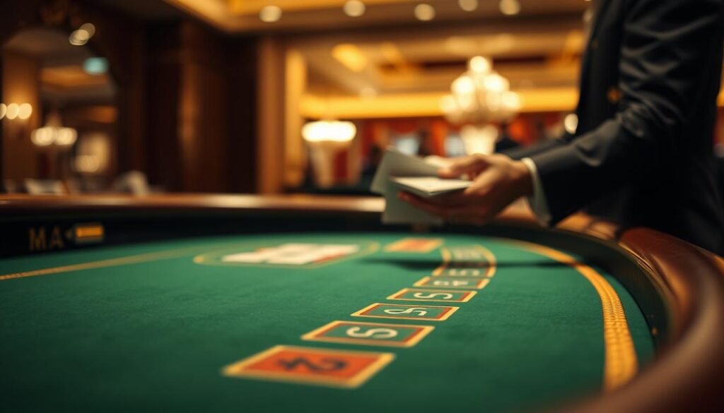 A dimly lit casino table with a green felt surface, the elegant curves of a baccarat table in the foreground. The table's edge is adorned with subtle gold trim, hinting at the luxurious atmosphere. In the middle ground, a dealer's hands shuffle a deck of cards with practiced precision, the soft sound of cards riffling filling the air. The background is blurred, evoking a sense of focus on the game's mechanics and rules. Soft, warm lighting casts a subtle glow, creating an intimate, contemplative mood perfect for understanding the nuances of baccarat gameplay. A dimly lit casino table with a green felt surface, the elegant curves of a baccarat table in the foreground. The table's edge is adorned with subtle gold trim, hinting at the luxurious atmosphere. In the middle ground, a dealer's hands shuffle a deck of cards with practiced precision, the soft sound of cards riffling filling the air. The background is blurred, evoking a sense of focus on the game's mechanics and rules. Soft, warm lighting casts a subtle glow, creating an intimate, contemplative mood perfect for understanding the nuances of baccarat gameplay.
