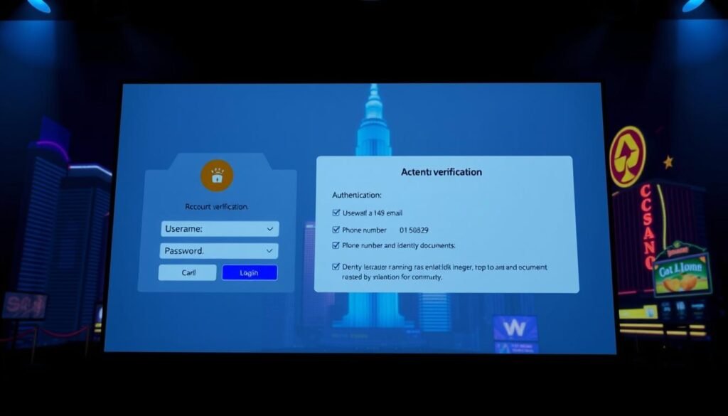 A dimly lit, modern banking interface showcasing the account verification process for the UTown online casino. The foreground features a sleek, minimal login screen with input fields for username and password. In the middle ground, an authentication prompt requests additional verification details such as email, phone number, and identity documents. The background depicts an abstract cityscape with skyscrapers and neon signs, evoking the glamour and excitement of the casino. The lighting is cool-toned, with hints of blue and purple, creating an atmosphere of security and professionalism. The overall composition conveys the importance of a thorough, yet streamlined account verification procedure for a reputable online gambling establishment. A dimly lit, modern banking interface showcasing the account verification process for the UTown online casino. The foreground features a sleek, minimal login screen with input fields for username and password. In the middle ground, an authentication prompt requests additional verification details such as email, phone number, and identity documents. The background depicts an abstract cityscape with skyscrapers and neon signs, evoking the glamour and excitement of the casino. The lighting is cool-toned, with hints of blue and purple, creating an atmosphere of security and professionalism. The overall composition conveys the importance of a thorough, yet streamlined account verification procedure for a reputable online gambling establishment.