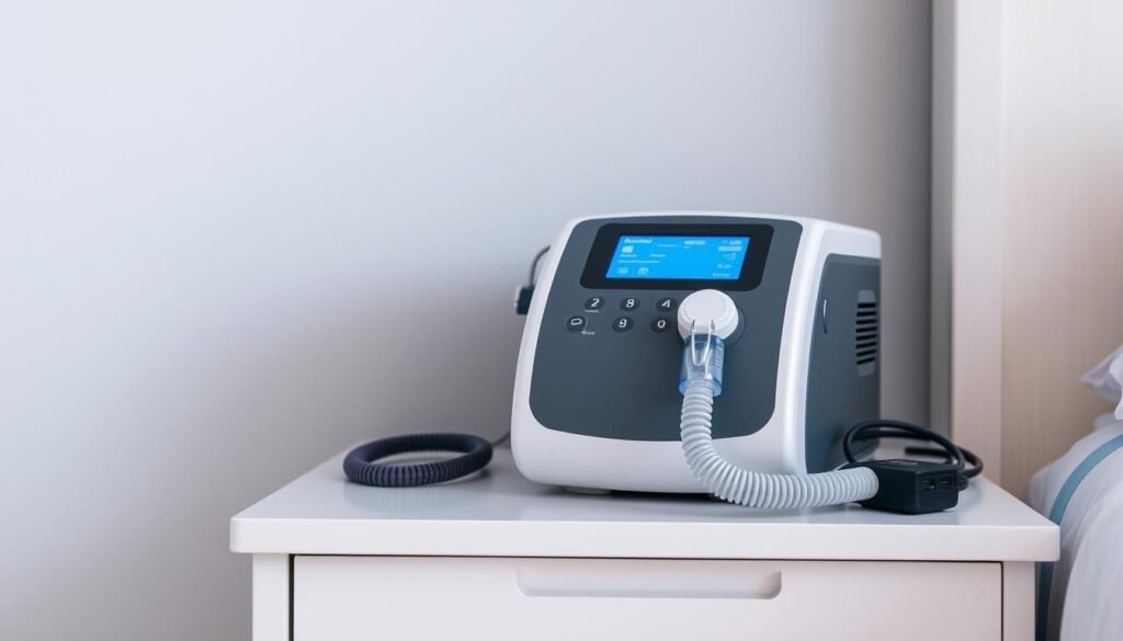 A high-quality medical-grade sleep apnea CPAP machine, the iCareCPAP, rests on a nightstand against a soothing gray wall. The device's sleek, modern design features a large LCD display and intuitive controls, bathed in soft blue lighting. The CPAP mask, hose, and power supply are neatly arranged, conveying a sense of efficiency and ease of use. The image captures the machine's essential role in improving sleep quality and managing chronic health conditions, perfectly suited to illustrate the "选择合适的睡眠呼吸机" section of the article.