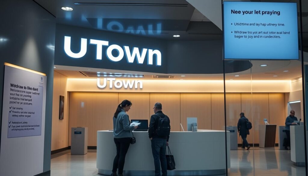 A modern, sleek interior of a UTown bank branch, with a central counter and teller stations. Ambient lighting casts a warm glow, highlighting the clean lines and minimalist design. In the foreground, a customer is discussing details of a transaction with a teller, while informative signage on the wall outlines the withdrawal time and limit policies. The scene conveys a sense of efficiency, professionalism and customer-centric service. A modern, sleek interior of a UTown bank branch, with a central counter and teller stations. Ambient lighting casts a warm glow, highlighting the clean lines and minimalist design. In the foreground, a customer is discussing details of a transaction with a teller, while informative signage on the wall outlines the withdrawal time and limit policies. The scene conveys a sense of efficiency, professionalism and customer-centric service.