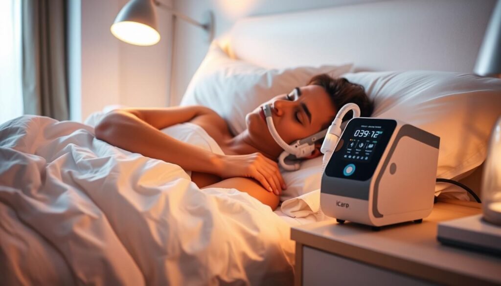 A peaceful bedroom scene with a person comfortably using an iCareCPAP sleep apnea machine. The user is resting peacefully on a soft, white bed with crisp linens, bathed in warm, diffused lighting from a bedside lamp. The machine sits on a nightstand, its sleek design and glowing display conveying the latest medical technology. The overall atmosphere is one of serenity and rejuvenation, highlighting the restorative experience of using the iCareCPAP device. The image captures the real-world benefits and user experience of this sleep apnea treatment solution.