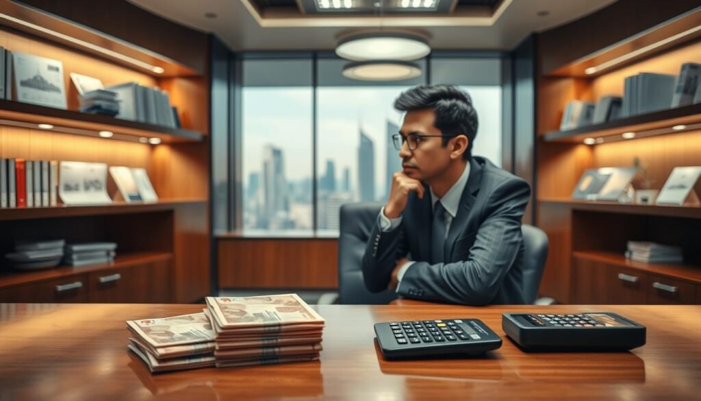 A sleek, modern office interior with a polished wooden desk, flanked by shelves displaying financial documents and ledgers. The lighting is warm and inviting, casting a soft glow on the scene. In the foreground, a stack of yuan bills and a calculator symbolize the financial transactions associated with private lending. The middle ground features a businessman in a suit, deep in contemplation, representing the individual seeking a private loan solution. The background showcases a panoramic city skyline, hinting at the broader economic context in which private lending operates. The overall mood is one of professionalism, efficiency, and financial empowerment.