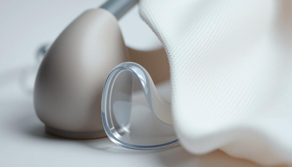 A close-up photograph of various sleep apnea mask materials, including soft silicone, rigid plastic, and breathable fabric, showcasing their unique textures and properties. The image should be well-lit, with a clean and minimalist background, allowing the materials to be the focal point. Capture the nuanced differences in flexibility, transparency, and surface finish between the materials, highlighting how these factors contribute to the overall comfort and fit of the iCareCPAP sleep apnea masks. The mood should convey a sense of technical precision and attention to detail, reflecting the importance of mask material selection in improving the user's sleep quality and experience.