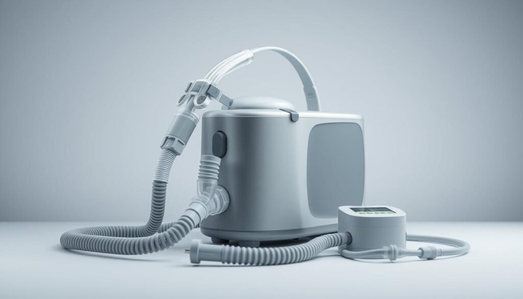 A sleek, modern iCareCPAP medical device with a minimalist, gray and silver color palette. The device features a variety of detachable accessories, including a comfortable face mask, tubing, and a compact power unit. The lighting is soft and diffused, highlighting the high-quality materials and advanced engineering. The scene is set against a neutral background, allowing the device and its components to be the focal point. The overall atmosphere conveys a sense of medical professionalism, innovation, and user-centric design.