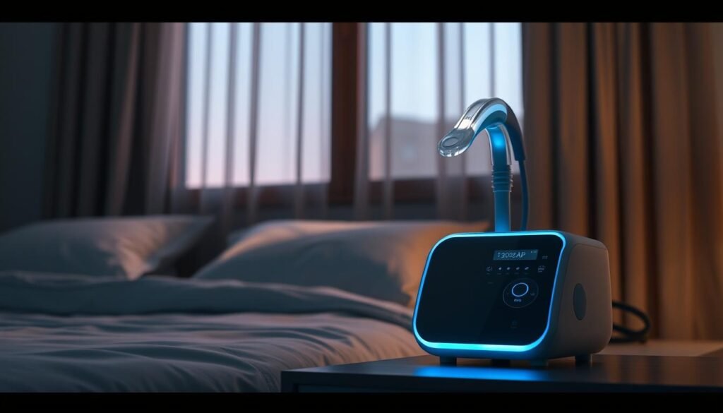A high-tech, sleek, and modern iCareCPAP sleep apnea machine sits prominently on a bedside table. The device's clean lines and soft blue illumination create a sense of calming tranquility in the dimly lit bedroom. Wispy curtains frame a large window, letting in just enough natural light to create a warm, soothing atmosphere. The machine's intuitive controls and display panel are easily accessible, highlighting its user-friendly design for individuals managing sleep-related breathing disorders. The overall scene conveys a comforting and supportive environment, where the iCareCPAP device plays a vital role in helping the patient achieve restful, uninterrupted sleep. A high-tech, sleek, and modern iCareCPAP sleep apnea machine sits prominently on a bedside table. The device's clean lines and soft blue illumination create a sense of calming tranquility in the dimly lit bedroom. Wispy curtains frame a large window, letting in just enough natural light to create a warm, soothing atmosphere. The machine's intuitive controls and display panel are easily accessible, highlighting its user-friendly design for individuals managing sleep-related breathing disorders. The overall scene conveys a comforting and supportive environment, where the iCareCPAP device plays a vital role in helping the patient achieve restful, uninterrupted sleep.