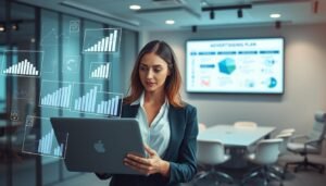 A dynamic image illustrating the concept of advertising placement strategies, focusing on the foundational elements and their significance. In the foreground, showcase a professional woman in business attire analyzing data on a laptop, surrounded by floating digital graphs and charts that depict various advertising metrics and trends. The middle layer features a modern conference room with a large screen displaying a strategic advertising plan. In the background, soft hues of blue and green create a calming atmosphere, symbolizing clarity and insight. Utilize soft, professional lighting to enhance the mood, with a slight depth of field to emphasize the foreground elements. The overall ambiance should convey professionalism and innovation, suitable for a corporate environment.