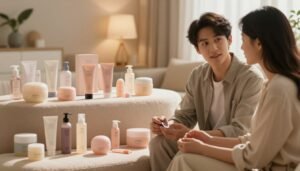 A serene, inviting indoor setting showcasing a well-organized, aesthetically pleasing display of various safe-for-work intimacy products. In the foreground, a professional couple dressed in casual yet modest clothing is engaging in a relaxed discussion about the proper use of these items. The middle layer features detailed imagery of the products, arranged neatly on a soft, textured surface, highlighting their design and functionality. The background is softly blurred, enhancing a warm, cozy atmosphere with gentle, ambient lighting that casts soft shadows and creates cinematic vibes. The entire composition emphasizes intimacy and comfort, with a subtle focus on education and relationship enhancement. 4:3 aspect ratio.