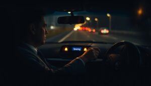 A concerned driver sitting in a car, showing signs of fatigue and distraction due to loud snoring sounds in the cabin. The foreground features the driver in professional business attire, looking worried while gripping the steering wheel. In the middle, the dashboard displays warning lights indicating drowsiness, with soft shadows cast by the car's interior lighting. The background reveals a dimly lit highway, with blurred streetlights and distant vehicles, creating a sense of urgency and instability. The image should convey a tense atmosphere, highlighting the dangers of driving while affected by severe snoring. The lighting is mainly low and moody, emphasizing the somber tone of safety concerns.