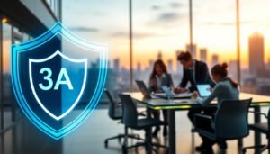 A sleek and modern digital design showcasing the privacy protection measures of "3A娛樂". In the foreground, an abstract shield symbol representing security is illuminated with a soft blue glow, signifying trust and confidentiality. The middle ground features a serene office environment with a diverse group of professionals in business attire collaborating around a table, analyzing data on digital devices, and discussing privacy protocols. The background consists of soft, blurred outlines of futuristic city buildings under a twilight sky, reflecting innovation and progress. The lighting is warm and inviting, creating a positive atmosphere of safety and professionalism. The overall mood conveys a strong commitment to protecting player rights and information privacy in a digital age.