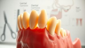 A detailed, educational illustration depicting the growth of wisdom teeth causing dental issues. In the foreground, a close-up of the lower jaw with highlighted, partially erupted wisdom teeth pushing against adjacent molars. The middle ground features a cutaway view of teeth, showcasing decay and dental cavities due to misalignment. The background displays a faint outline of dental tools and an anatomical diagram of the jaw. Soft, natural lighting illuminates the scene, creating a clinical yet informative atmosphere. A macro lens effect emphasizes the details of the teeth, while a slightly blurred background maintains focus on the dental health topic. The image should convey professionalism and clarity, suitable for a dental health article.