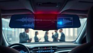 A futuristic car interior featuring a high-tech digital rearview mirror equipped with advanced microphone technology. In the foreground, the sleek digital mirror displays clear audio waveforms, while a transparent overlay shows a noise cancellation algorithm visual. The middle ground includes a modern dashboard with illuminated controls, enhancing the atmosphere of a cutting-edge vehicle. Outside the car's window, blurred figures are engaged in a lively argument, illustrating the context of extracting their voices while filtering out the car's sound system. Soft, ambient lighting highlights the interior, creating a professional yet dynamic environment that emphasizes innovation in digital noise reduction technology. The scene conveys a sense of sophistication and functionality in modern automotive design.