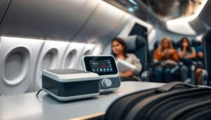 A portable sleep apnea machine sits on a sleek, modern travel table inside an airplane, with a blurred view of the cabin behind it. The machine is compact and stylish, showcasing its lightweight design and user-friendly interface. Soft overhead lighting illuminates the device, creating a warm and calming atmosphere. In the foreground, a travel bag with organized compartments hints at thoughtful packing for long trips. The background features a few travelers in comfortable attire, engaged in peaceful activities, emphasizing a stress-free journey. The image captures the essence of convenience and practicality for long-distance travelers needing respiratory support, evoking a sense of mobility and comfort in travel.